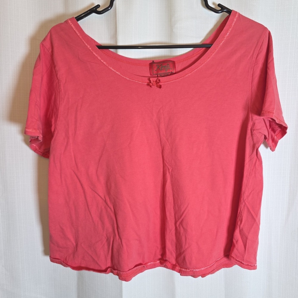Kenji Women's Pink Coral Short Sleeve Cotton T-Shirt Size Small Y2K Bow Detail